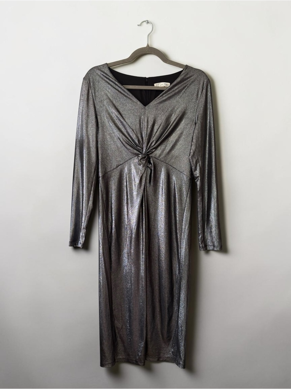 NWT Harper Rose Long Sleeve Ruched Center Tie Dress Metallic Silver Sz 8 Glamour - Picture 14 of 16